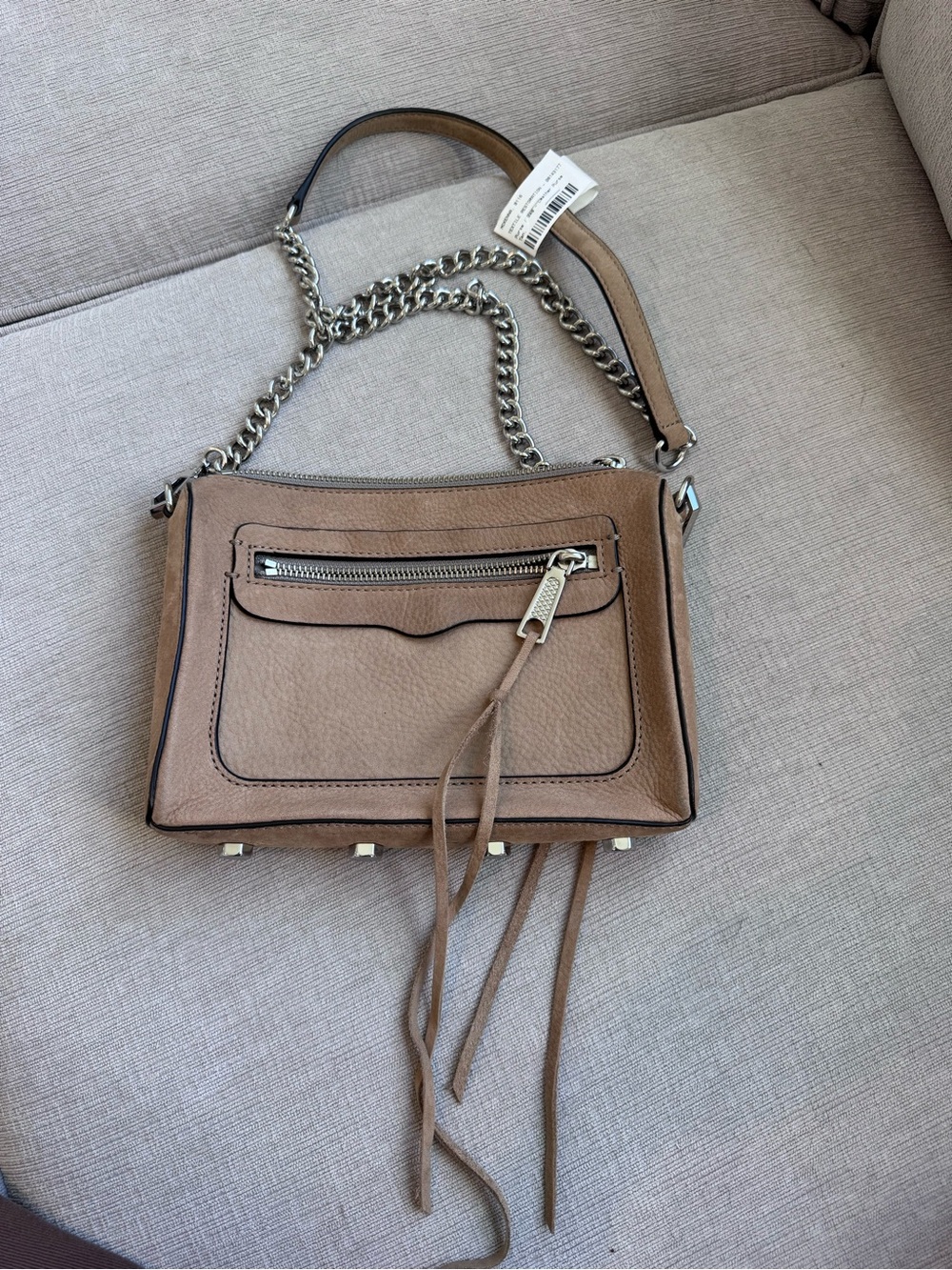 Rebecca Minkoff Genuine Leather Taupe Mini MAC Crossbody Chain Bag